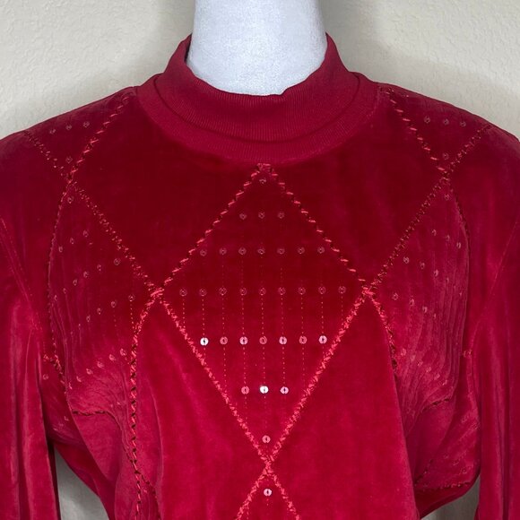Alfred Dunner Vintage Cotton Red Velvet Sequin Geometric Mock Neck Sweater PL - Picture 2 of 10